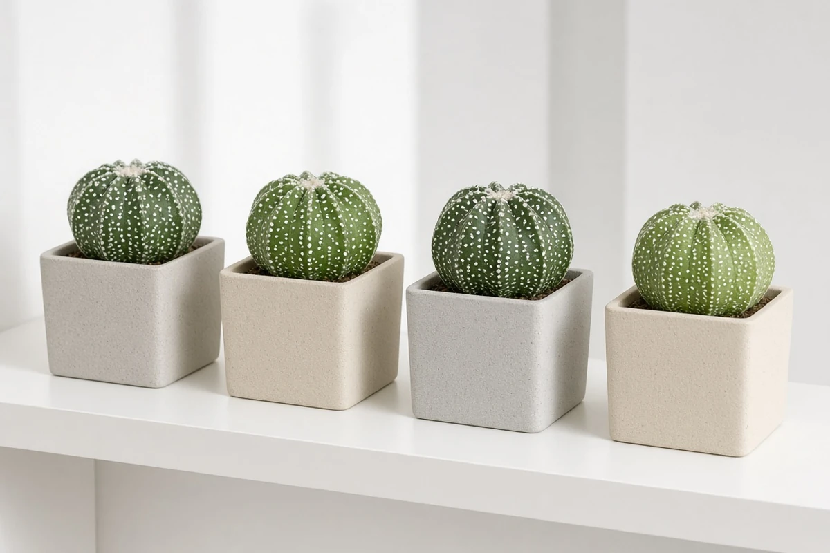 Small astrophytum pots on a bright shelf