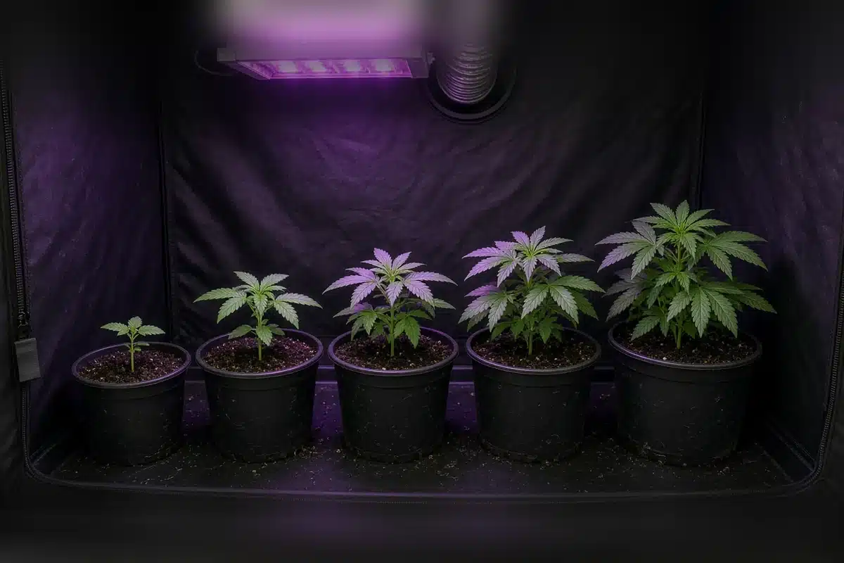 Small autoflower cannabis plants in a compact grow tent