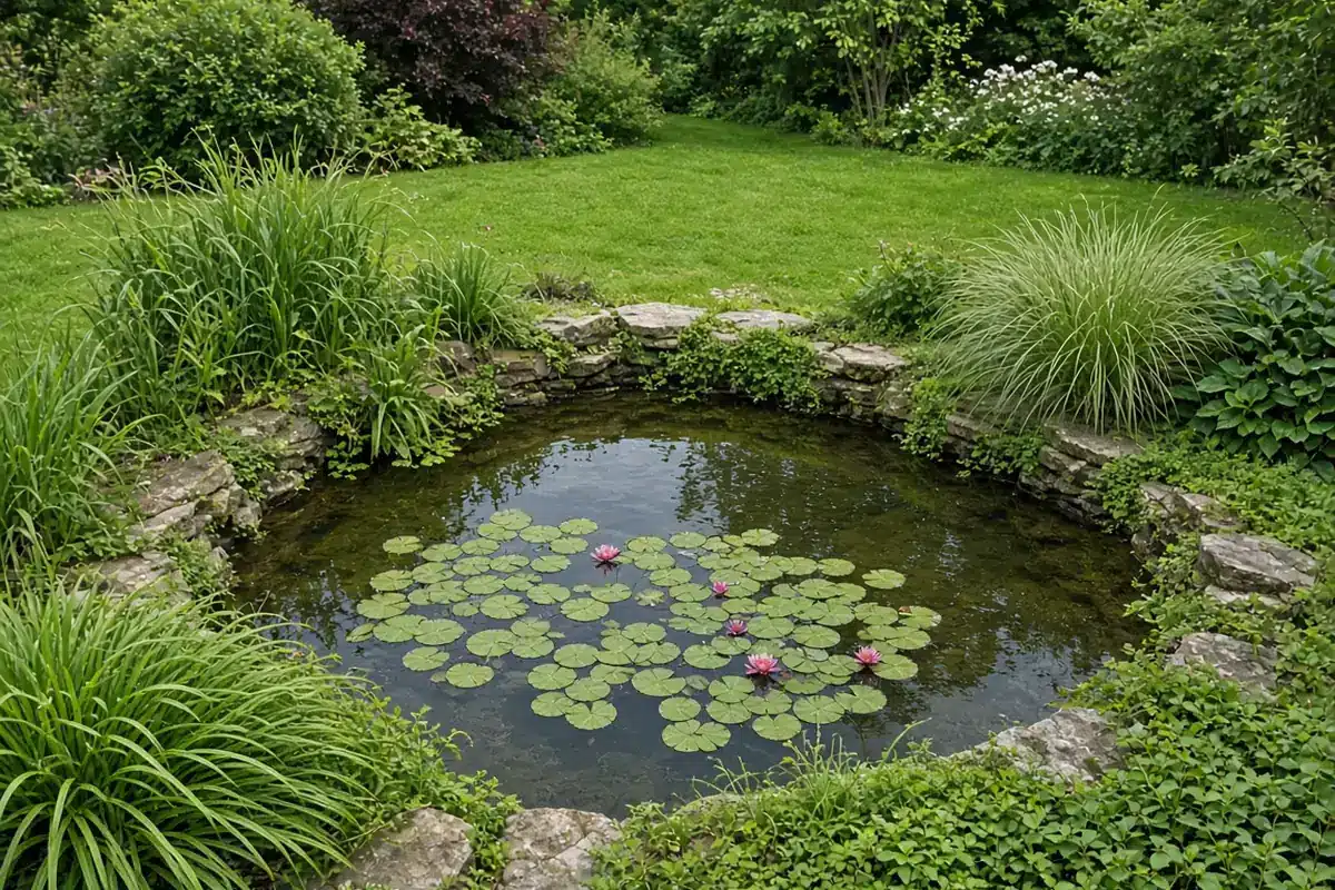 Small backyard pond with plants softening the edge