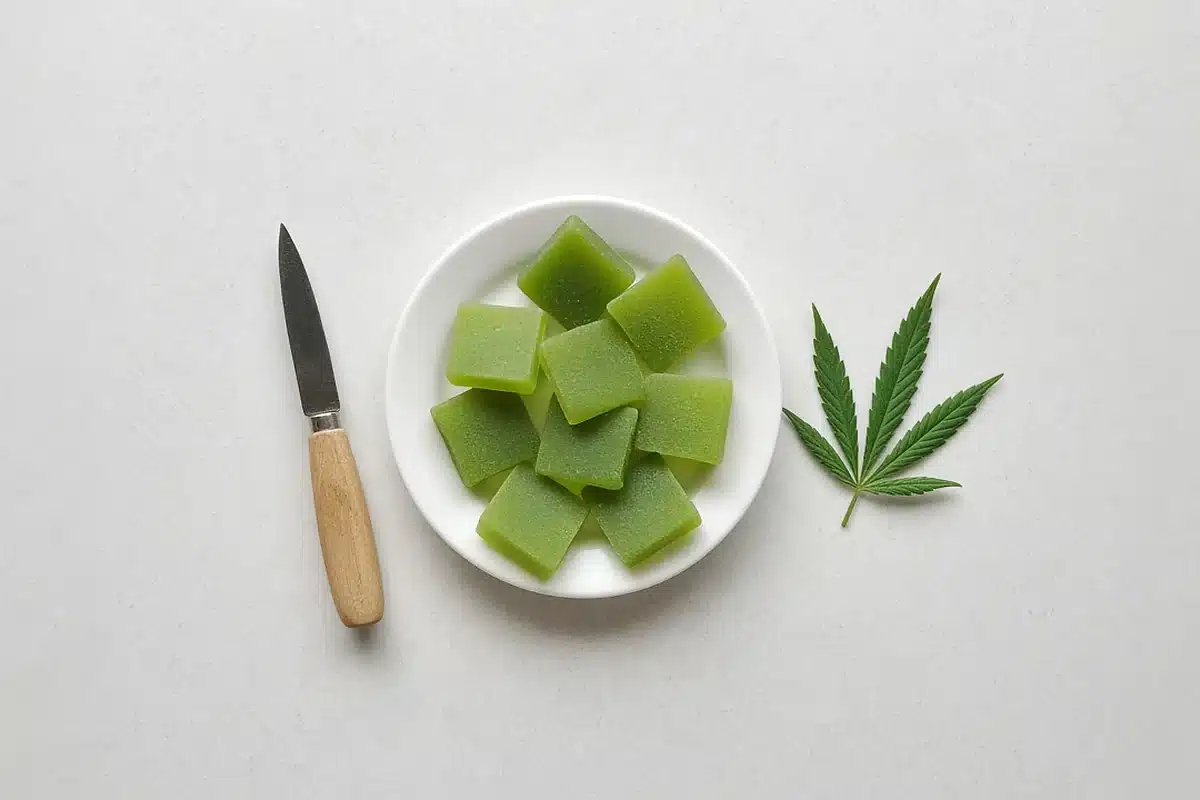 Small cannabis edible pieces cut into portions on a plate
