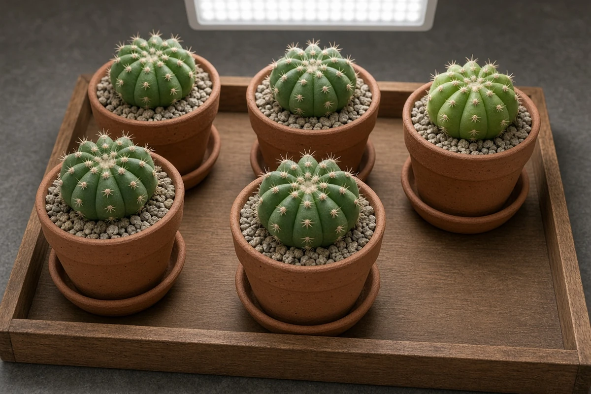Small chin cacti under a soft LED panel