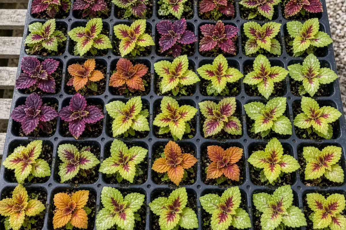 Small coleus plants in cells