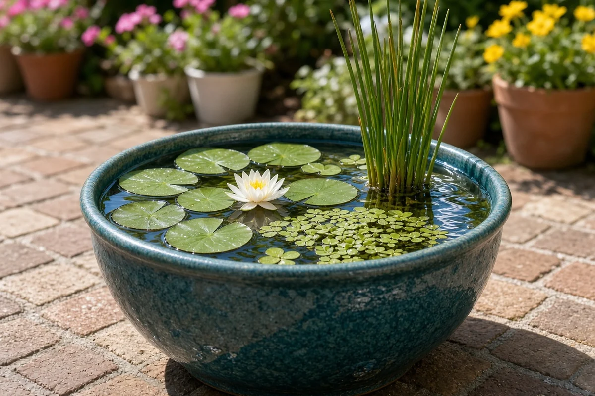 Small container water garden on a sunny patio