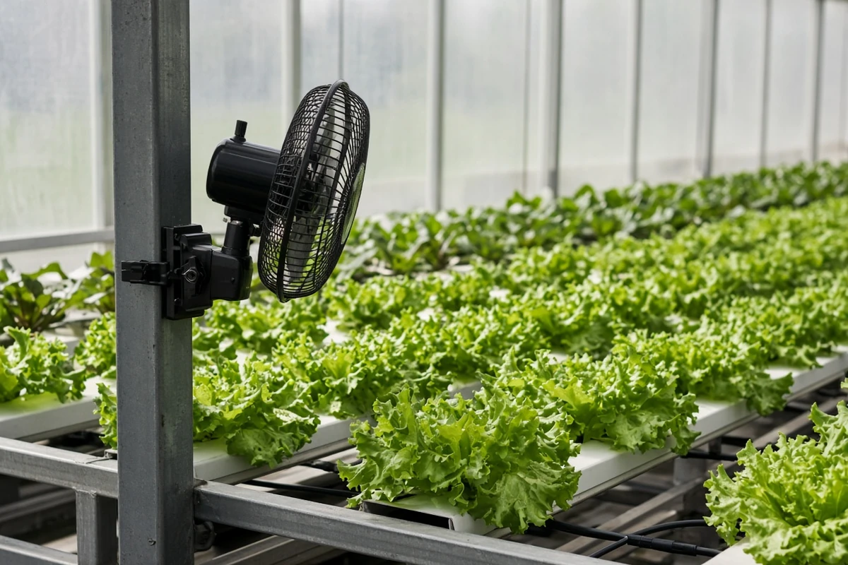 Small fan moving air over hydroponic lettuce