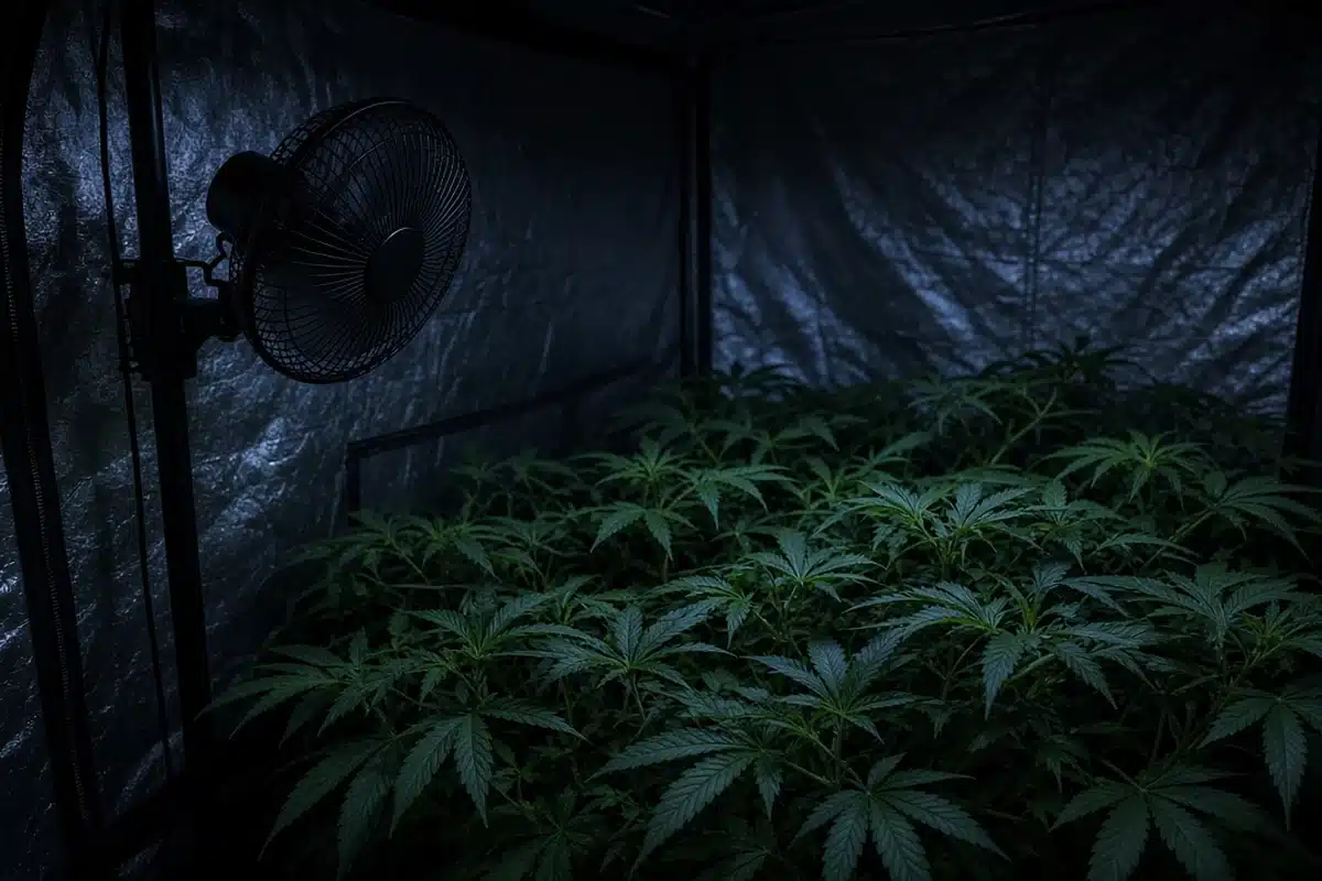 Small oscillating fan moving air through a dense cannabis canopy inside a dark grow tent at night
