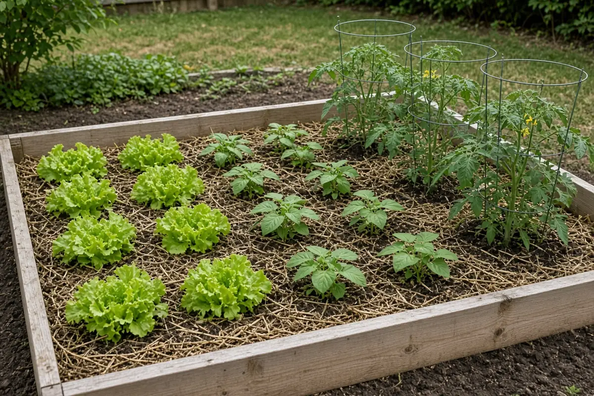 Small first vegetable bed with young plants and mulch