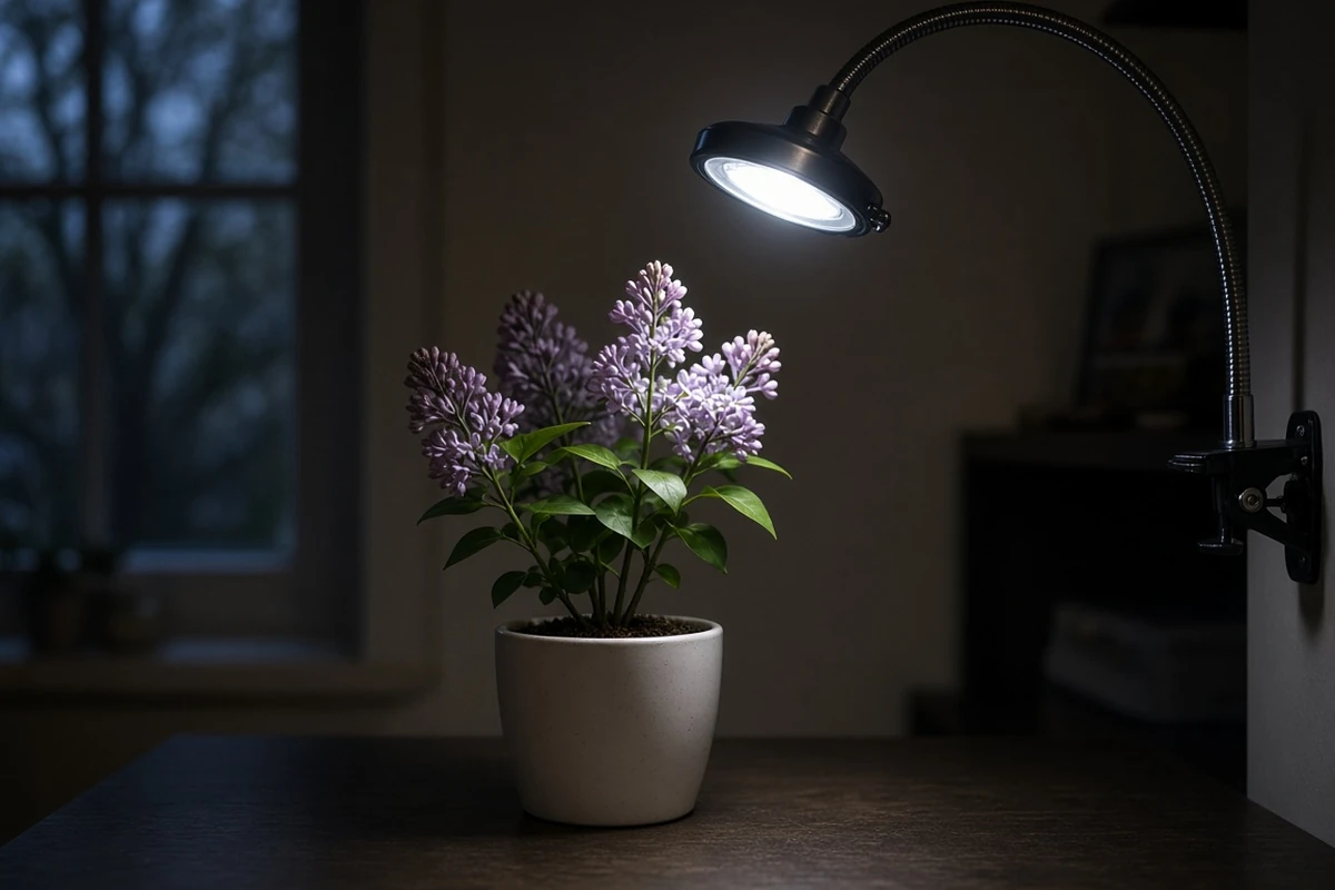 Small flowering potted plant under a grow light