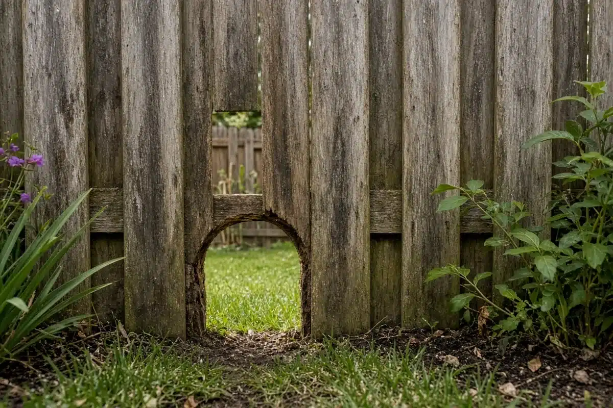 Small gap at the base of a wooden fence