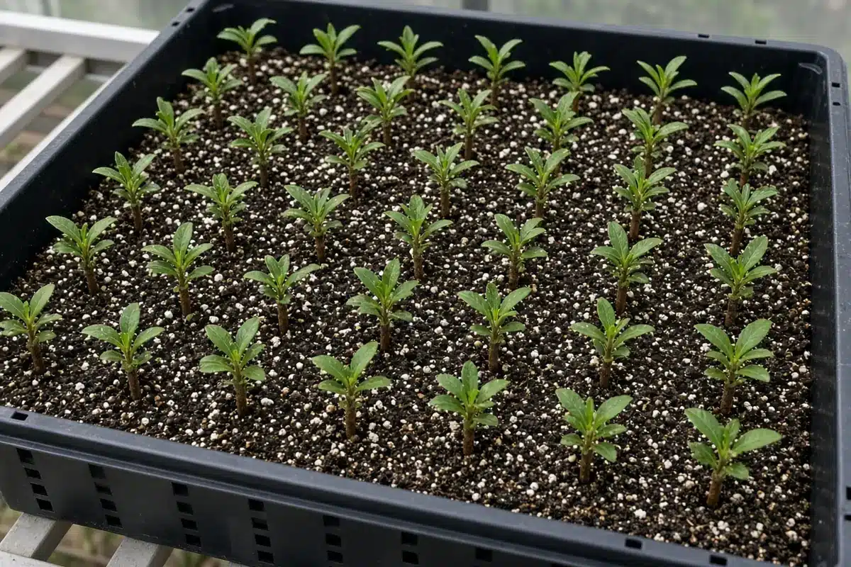 Small green plants in a tray of gritty potting mix