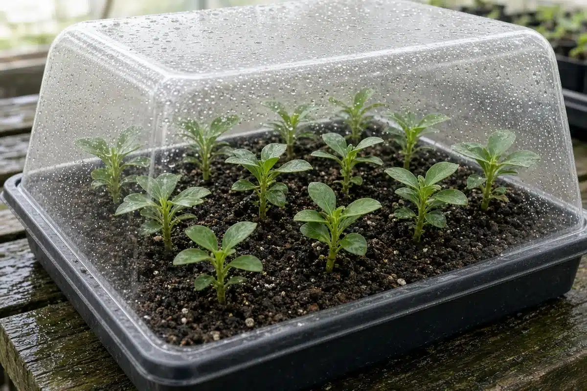 Small green plants under a clear humidity dome