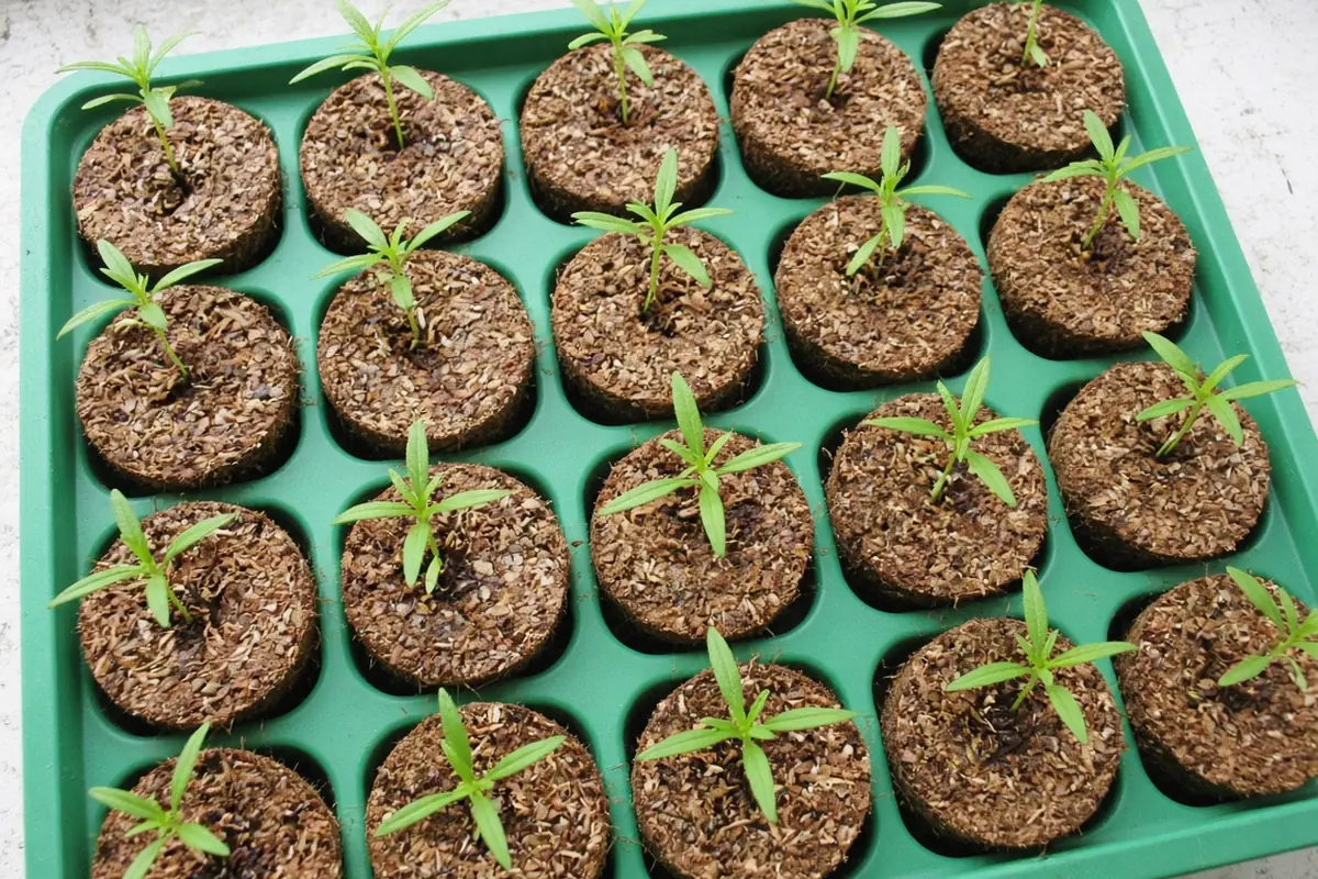 Small herb seedlings in plugs