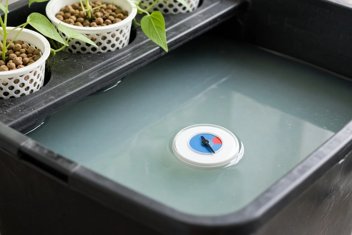 Small hydroponic reservoir with a floating dial thermometer