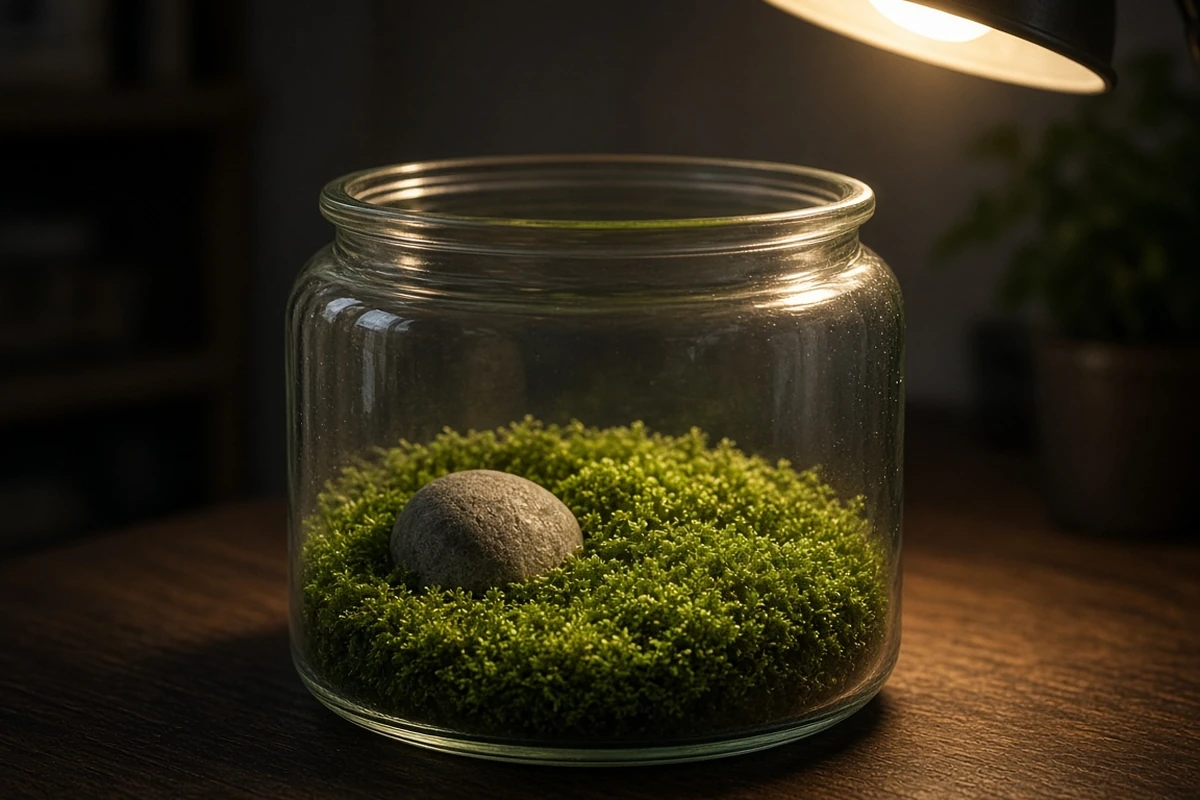 Small jar garden with a green carpet under a lamp