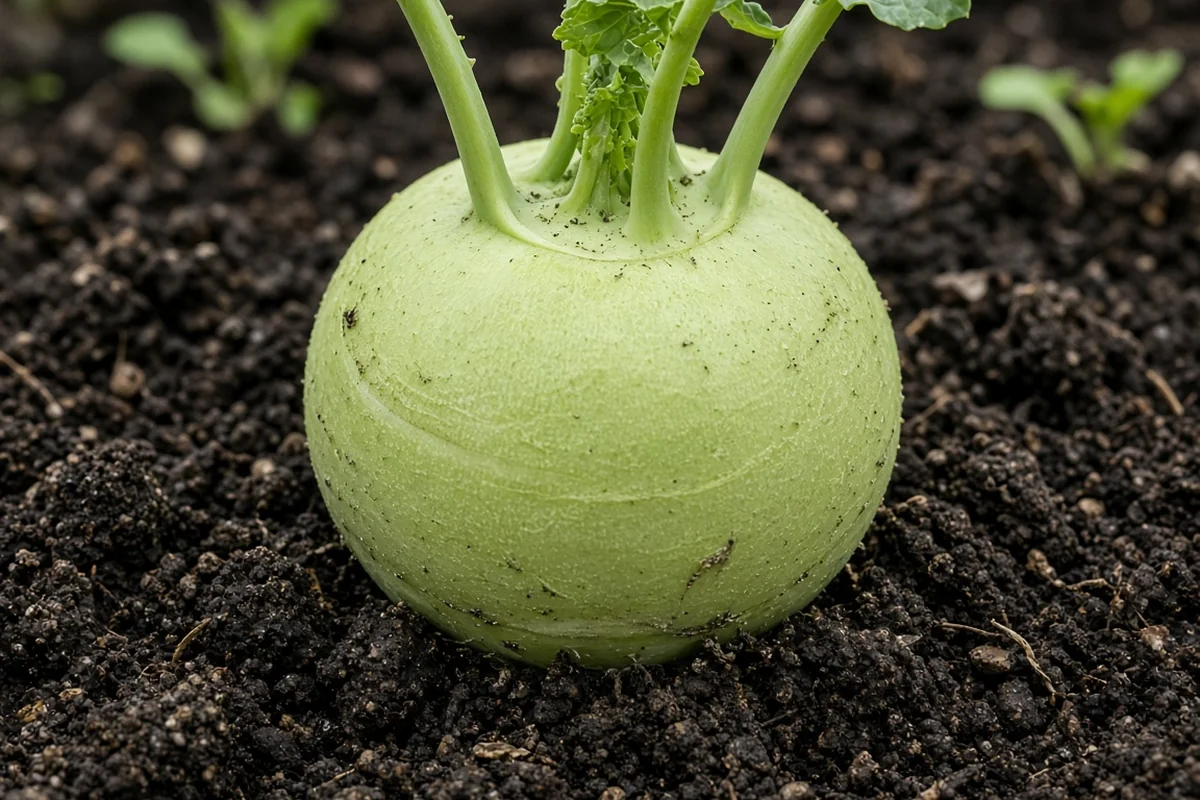 Small pale green kohlrabi bulb in dark soil