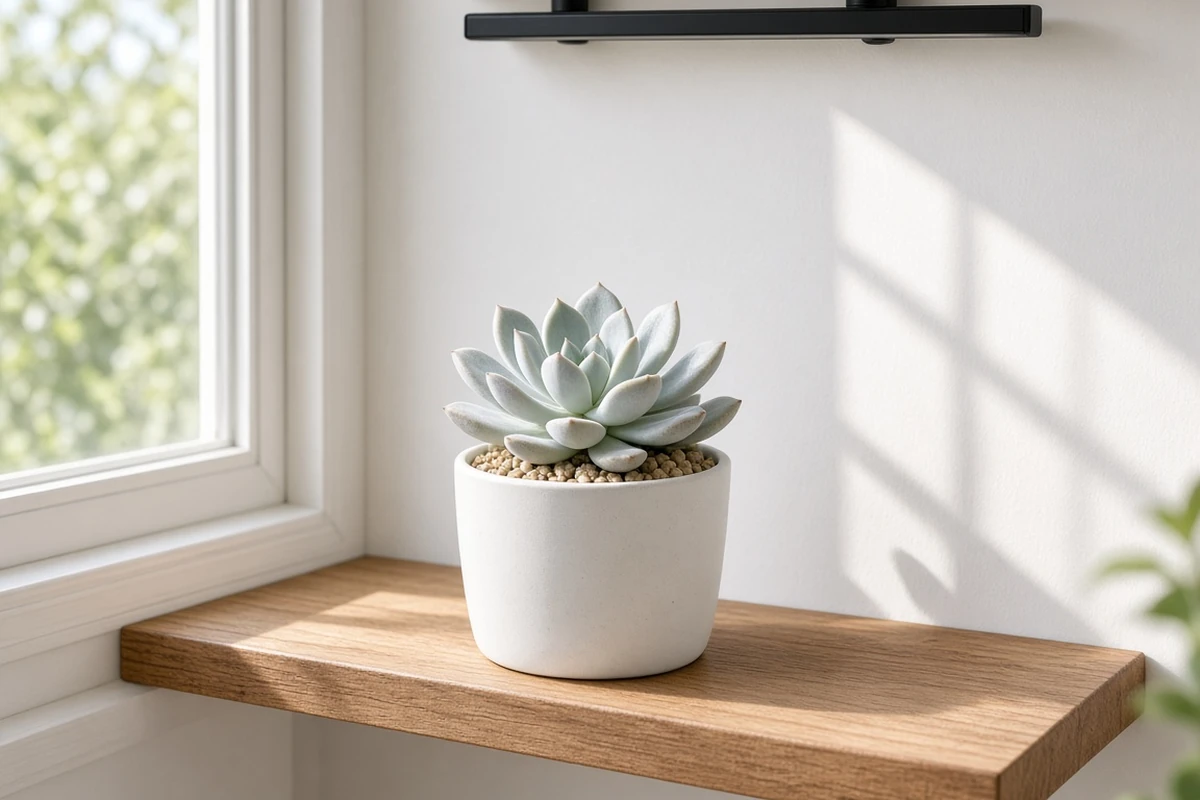 Small pale succulent pot on a sunny shelf below a light bar