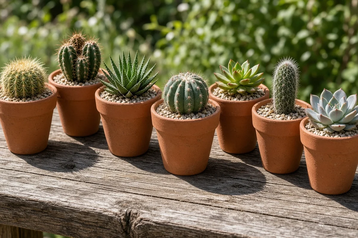 Small potted cacti in full sun on a wooden bench