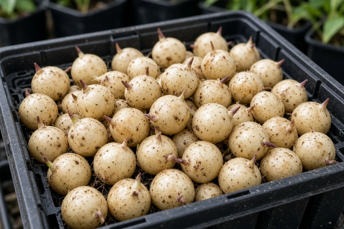 Small round arrowhead tubers on a nursery tray
