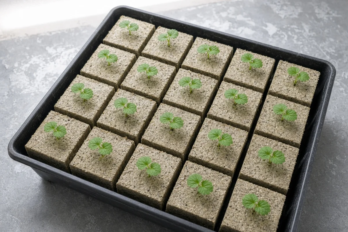 Small seedlings with round toothed leaves in plugs