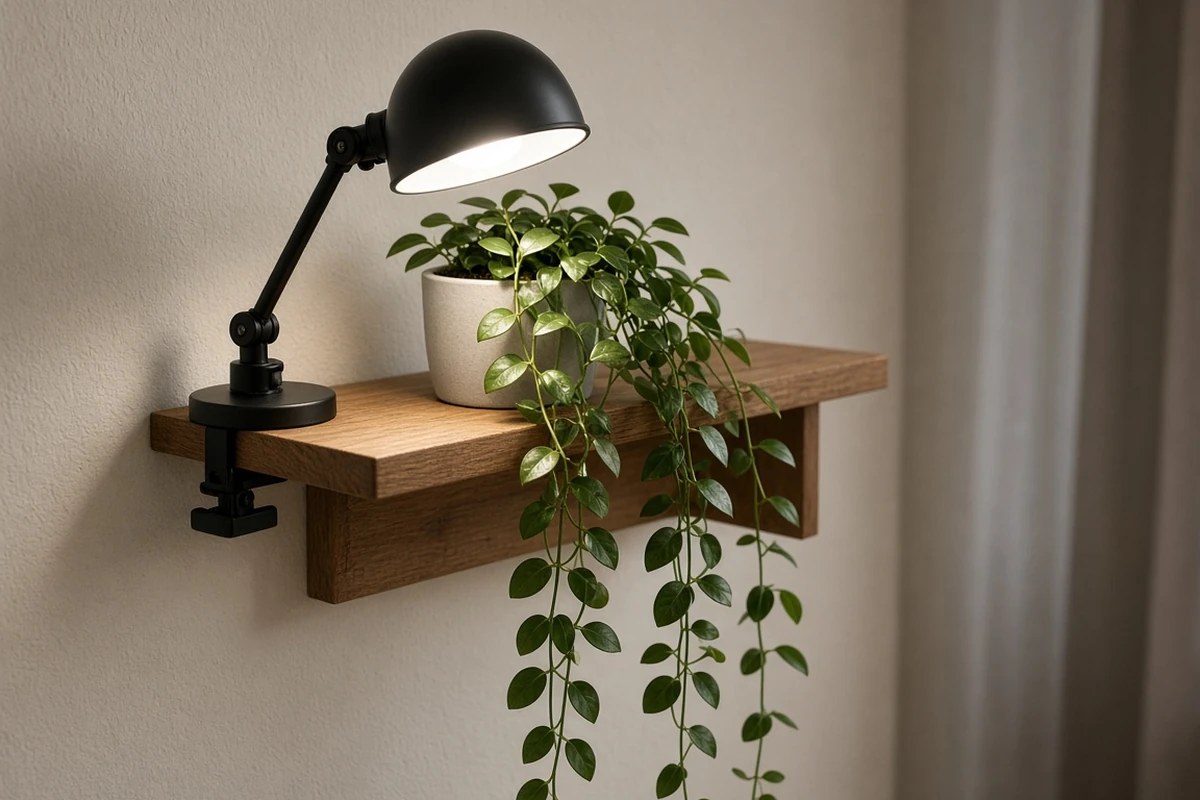 Small shelf with a clip light above trailing peperomia