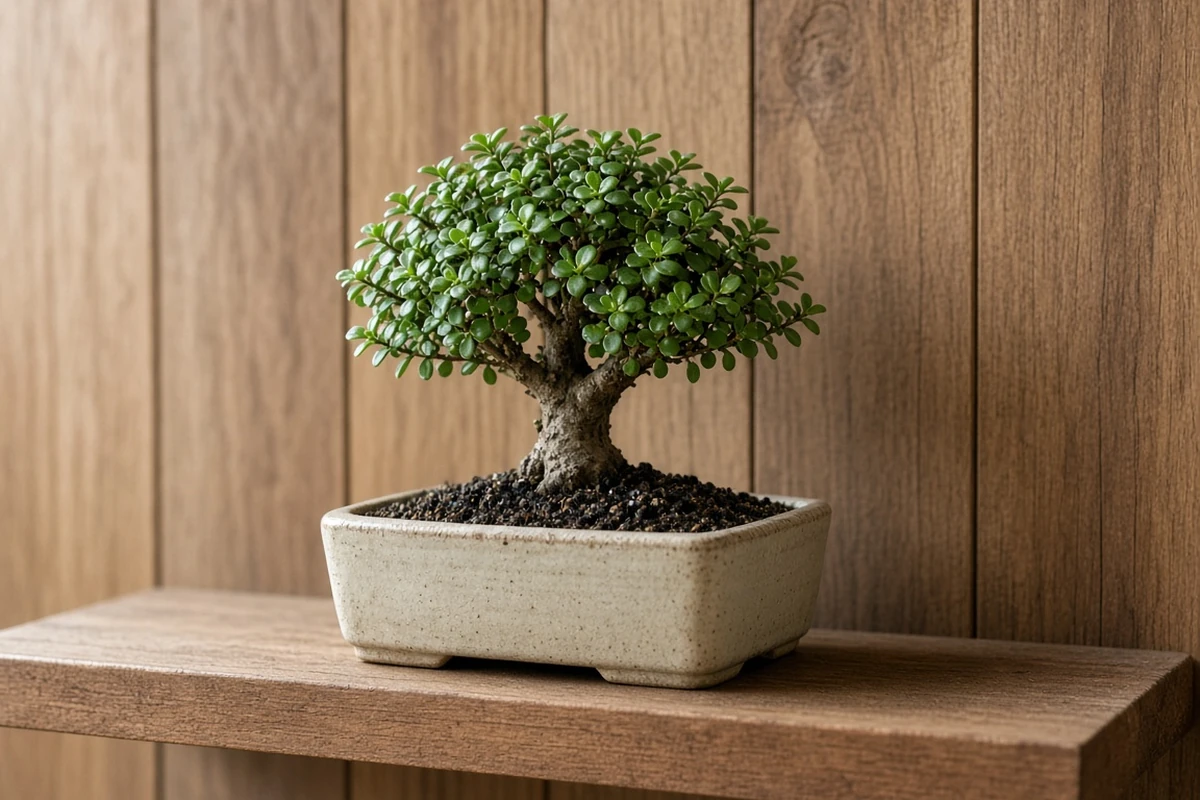 Small succulent shrub in a shallow pot on a shelf