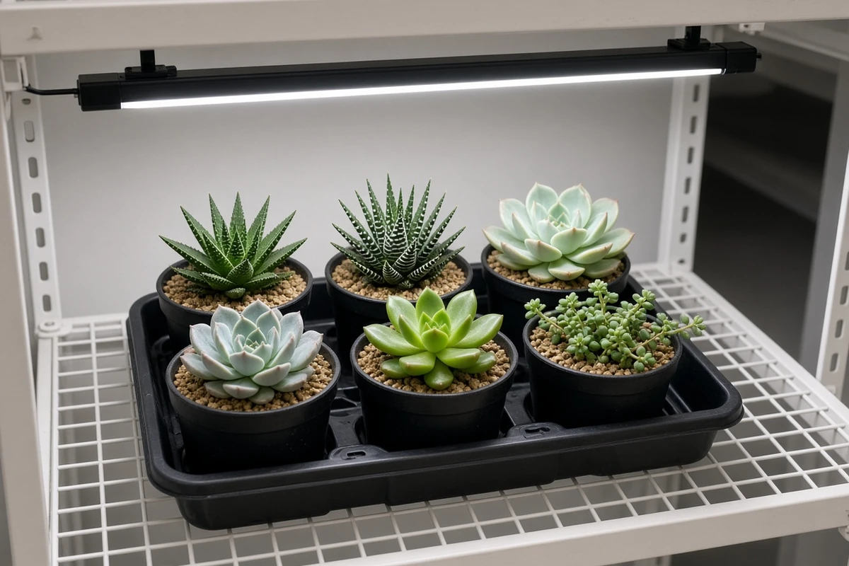 Small succulent tray on a shelf below a light bar