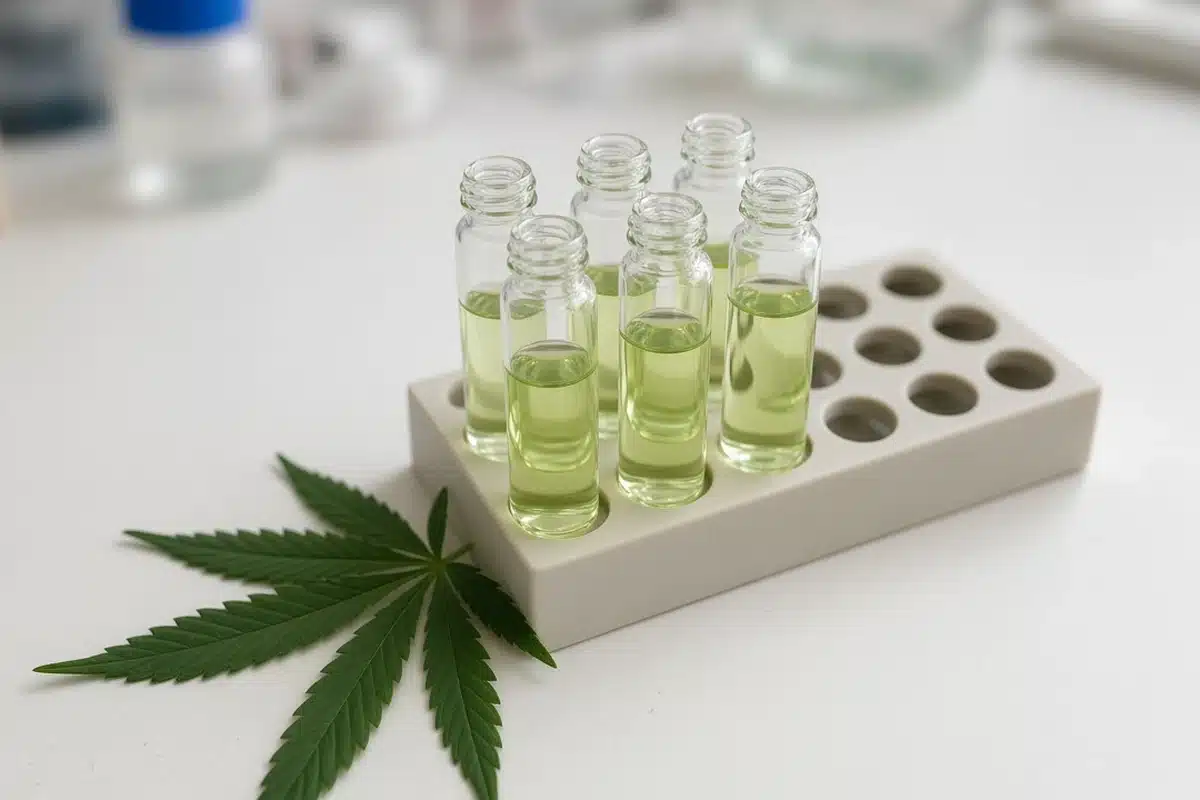 Small unlabelled glass lab vials in a rack on a lab bench beside a cannabis leaf