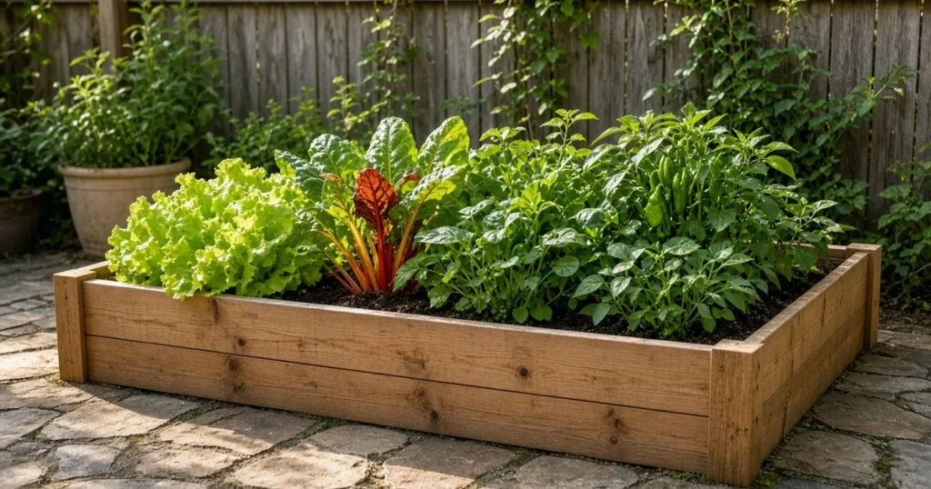 Compact raised bed with mixed vegetables on a patio