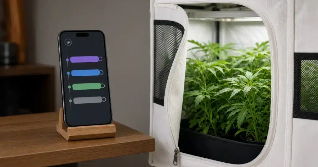 Phone app showing a light schedule beside a grow tent