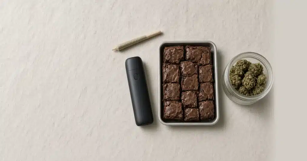 Joint, vaporizer and baked goods beside a jar of dried cannabis