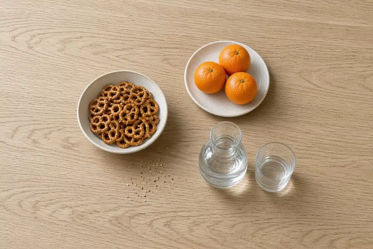 Snacks and water on a coffee table