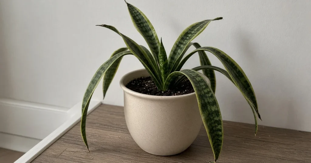 Snake plant with several leaves bending outward