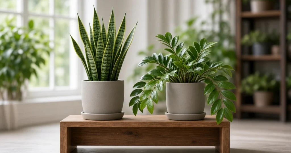 Snake plant and ZZ plant side by side