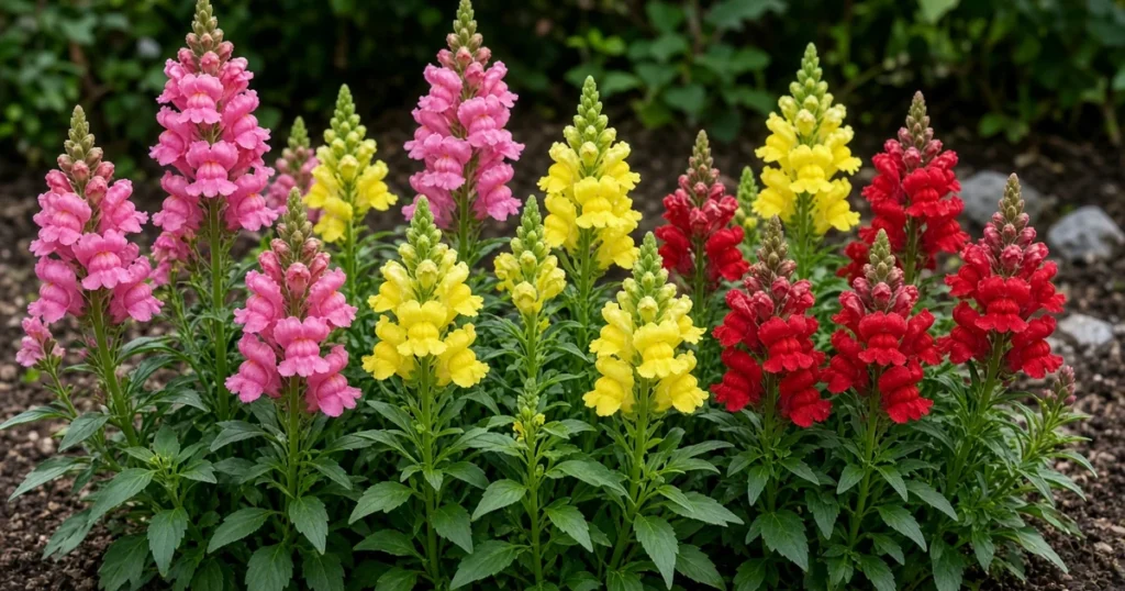Snapdragon plants with tall flower spikes in a bed