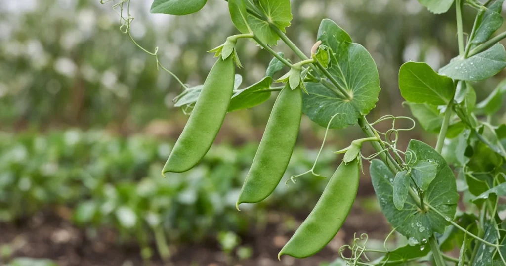 Flat snow pea pods on a vine