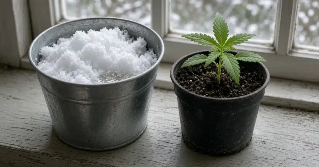 Bucket of fresh white snow melting indoors beside a cannabis seedling in a pot under a window