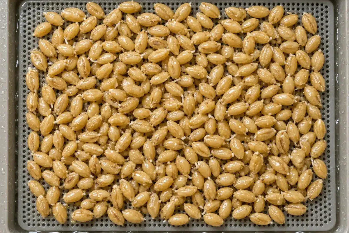 Soaked barley seed spread in a draining tray