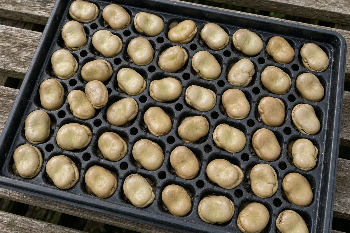 Soaked broad bean seeds in a seedling tray