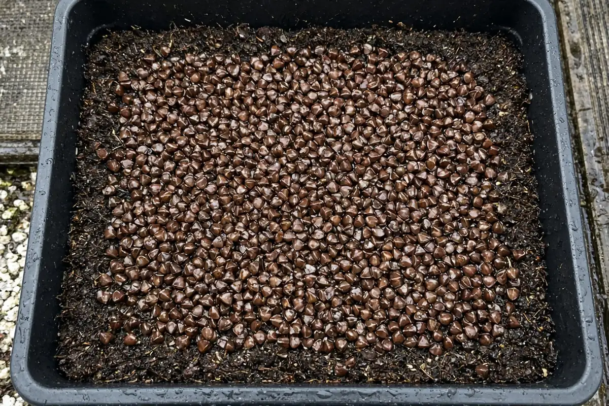 Soaked buckwheat seed spread on a tray