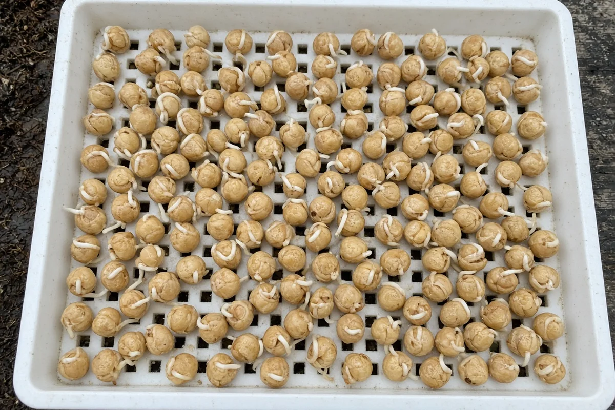 Soaked garbanzo seeds sprouting in a nursery tray