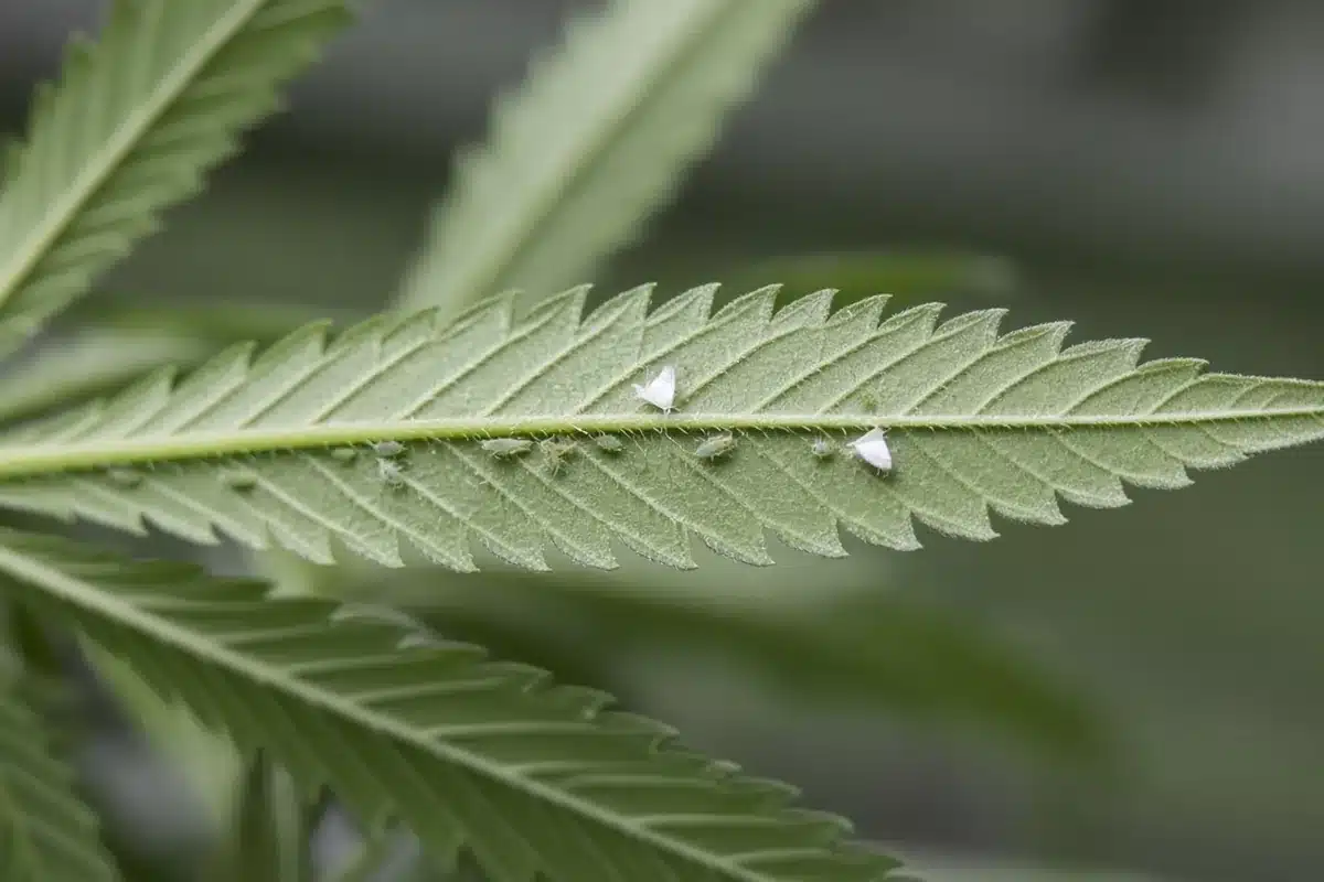 Close view of a cannabis leaf underside with tiny soft-bodied insects