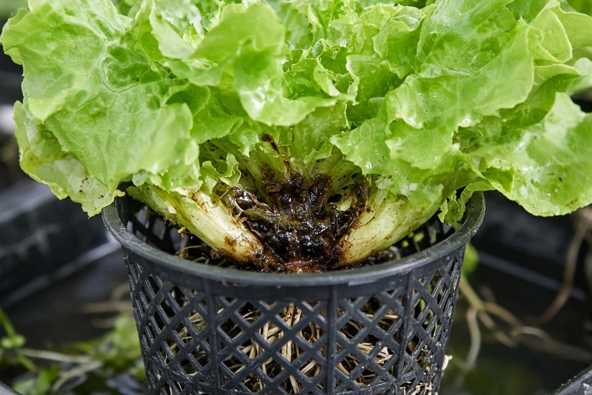 Soft dark stem rot at the crown of a lettuce plant