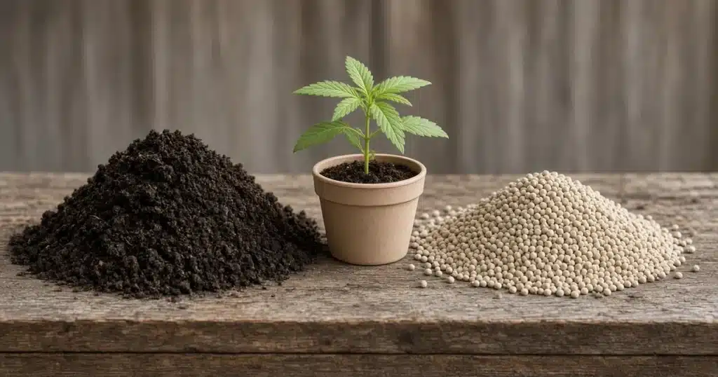 Two piles on a potting bench, dark compost at left and granular fertilizer at right, with a cannabis seedling between them