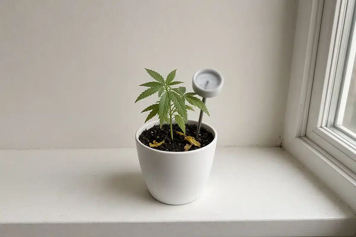 Soil moisture meter in a cannabis pot