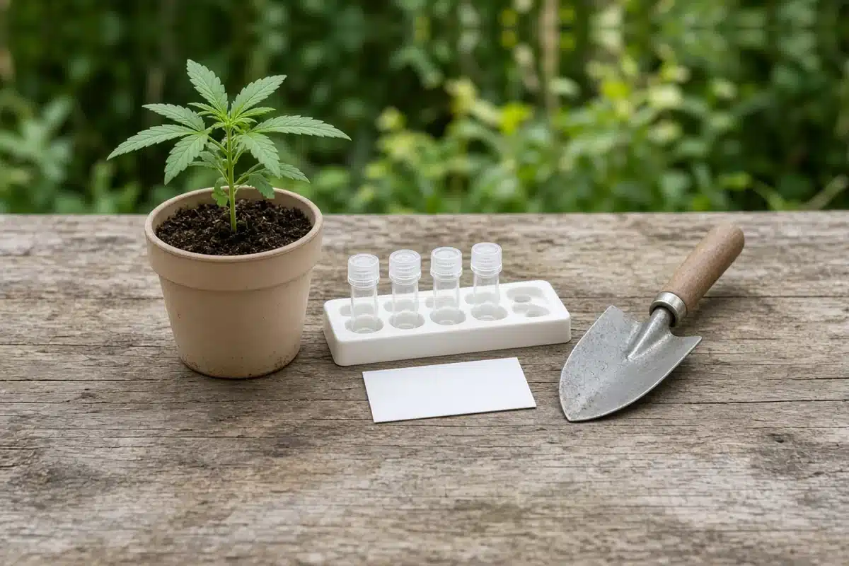 Soil pH test kit beside a potted cannabis plant