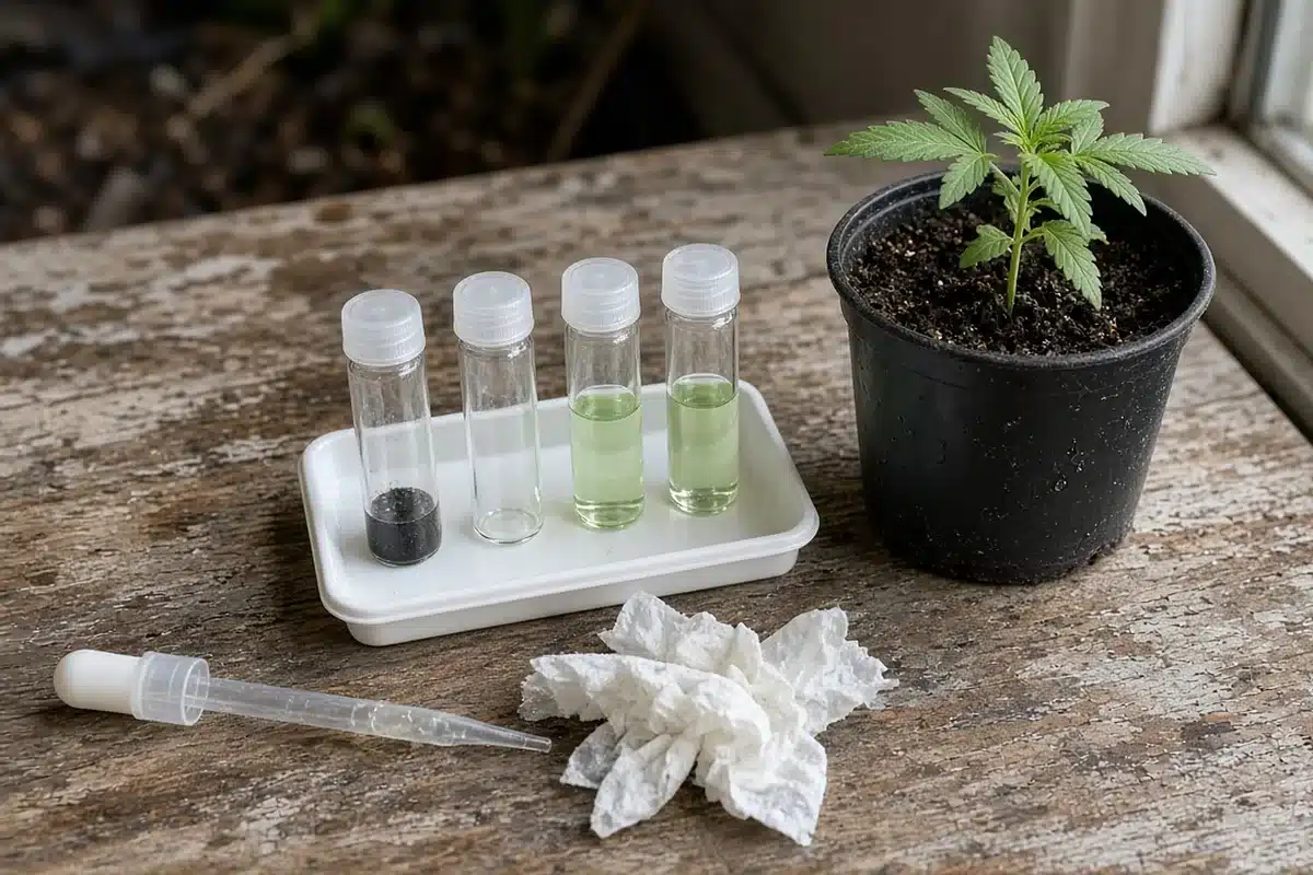 Soil pH test kit beside a potted cannabis plant
