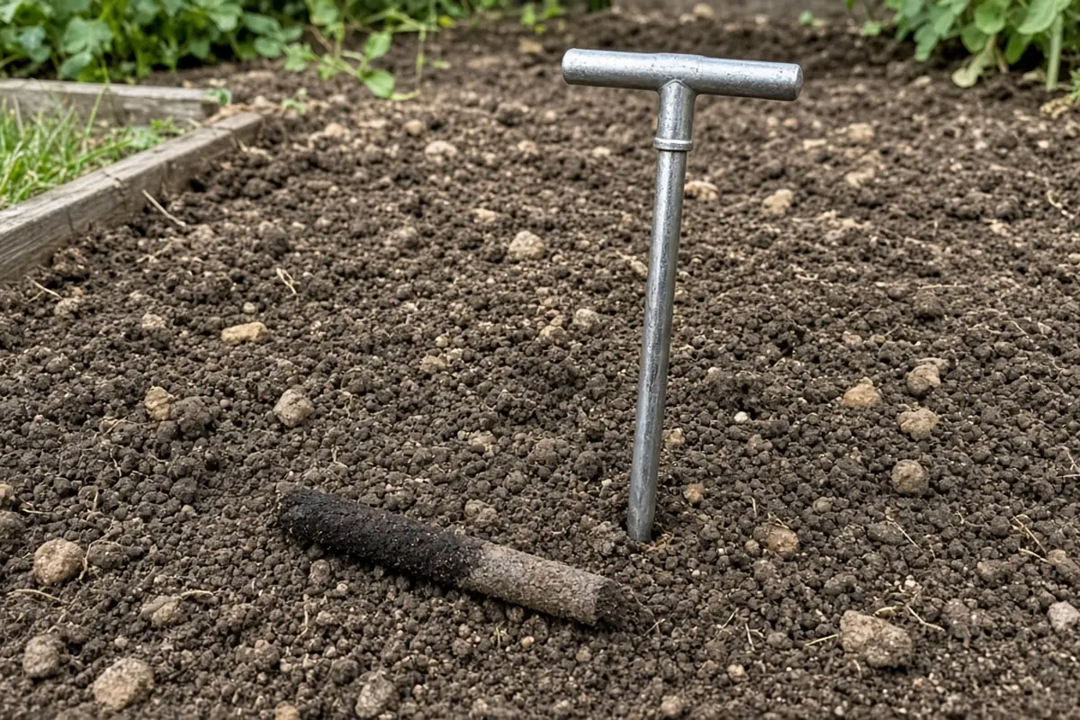 Soil probe standing in a garden bed next to a six-inch soil core.