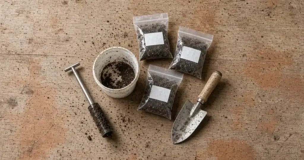 Soil probe, bucket and soil sample bags laid out on a potting bench.