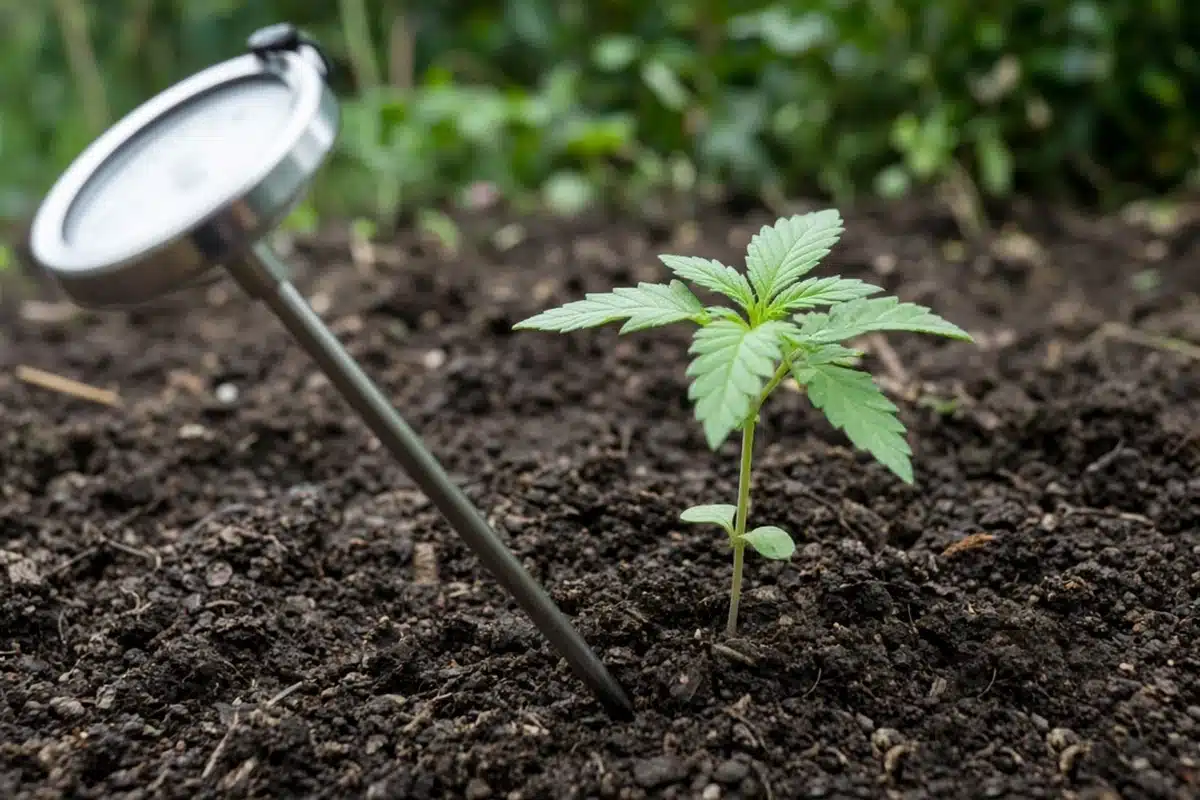 Soil thermometer pushed into dark garden soil beside a small cannabis seedling