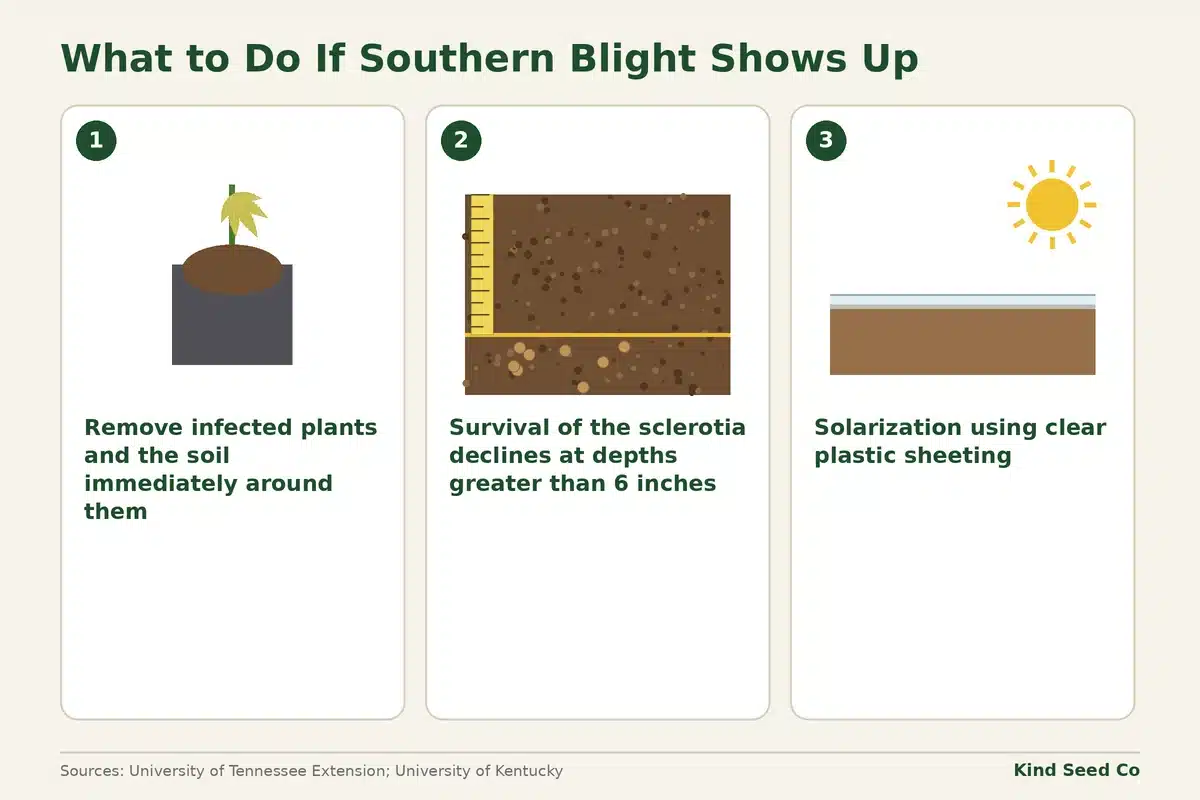 Diagram of three steps after southern blight appears: remove plant and soil, bury sclerotia deep, solarize beds