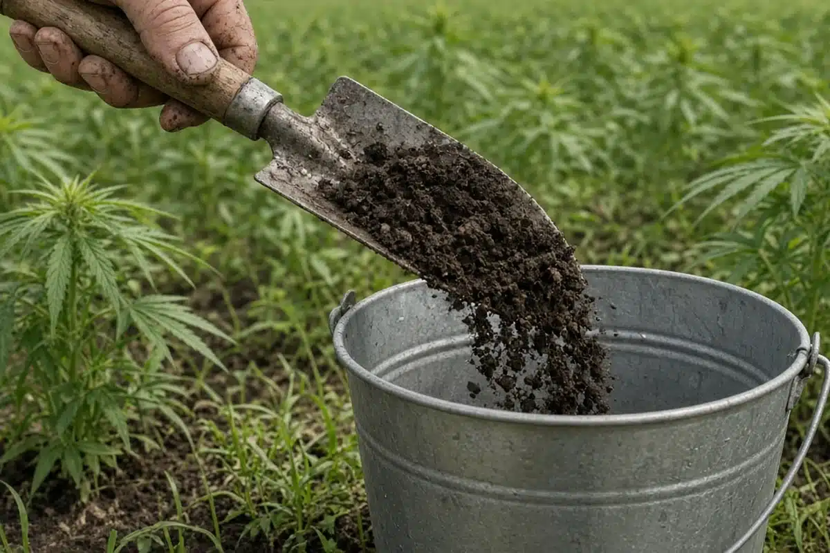 Photo-style illustration of one hand tipping soil off a garden trowel into a metal bucket at the edge of a hemp field